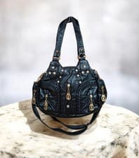 Image of Y2K Black Studded Hobo Bag Slouchy Moto Shoulder Purse Grunge Cyber Goth 2-Way