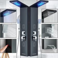 Image of Black LED Shower Panel Column Tower Stainless Steel Body Jet Twin Head Rain Set