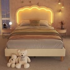 Image of 3ft Single Beige Velvet Upholstered Bed Frame w/ Wooden Slats No Box Spring Need