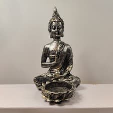Image of Meditating Buddha Tea Light Candle Holder Silver Effect Resin