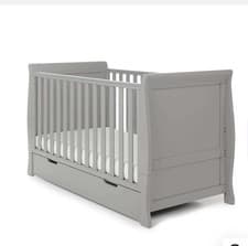 Image of Obaby Stamford Mini Sleigh CotBed Grey with drawer.