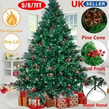 Image of 5/6/7FT Artificial Christmas Tree Bushy Metal Stand with LED Lights Xmas Decor