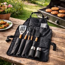 Image of 7 Piece BBQ Tool Set with Apron Storage, Stainless Steel Grill Utensils