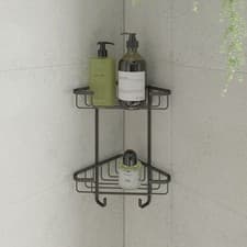 Image of Croydex Black Corner Shower Caddy 2 Tier Bathroom Basket Organiser with Hooks