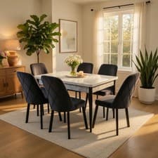 Image of New White Marble Effect Wooden Extendable Table +6 Dark Velvet Chairs Metal Legs