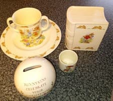Image of Bunnykins 5 Pieces Royal Doulton 1936 Plate, Moneyboxes, Egg Cup, Cup Excellent