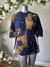 Image of TED BAKER Top Blouse Womens TB 2 UK 10 Khaki Navy Floral Short Sleeve NEW