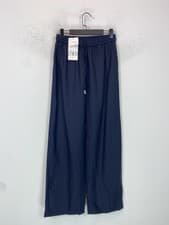 Image of Zara Navy No Pattern Casual Mid Waist Wide Leg Linen Trousers S NEW
