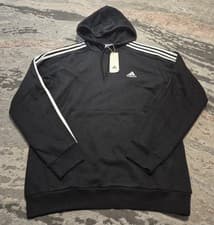 Image of BNWT Adidas Essentials 3-Stripes Fleece Hoodie Pullover Pockets Black Mens L