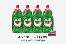 Image of Fairy Original Kitchen Dish Washing up Liquid Clean Detergent pack of 4 X 1015ml