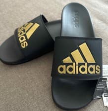 Image of ADIDAS ADILETTE COMFORT SPORTSWEAR SWIM SLIDES BLACK GOLD GY1946 MEN UK 11,EU 46