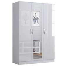 Image of High Gloss Wooden 3 Door Wardrobe with Mirror and Hanging Rails Bedroom Storage