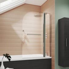 Image of Bathroom Straight Hinged Chrome Bath Screen with Fixed Panel & Towel Rail Modern