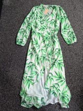 Image of Dancing Leopard Jagger Maxi Wrap Dress Size 14 Green White Leaf Tropical Print