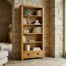 Image of Bookcase with Drawer Large Tall Adjustable 5 Shelf Rustic Oak Storage