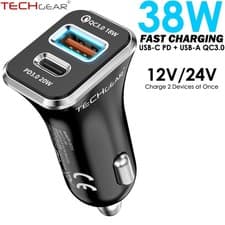 Image of USB A & C Fast Car Charger 12V/24V 38W PD & QC 3.0 For iPhones iPads Mobiles