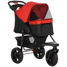 Image of Folding 3 Wheel Pet Stroller Travel Adjustable Canopy Storage Brake Red Pawhut