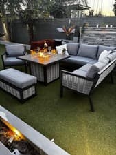 Image of garden Sofa Dinning Set With Fire Pit set In aluminium