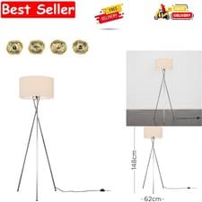 Image of Modern Polished Chrome Metal Tripod Floor Lamp with a Beige Shade | Home Déco...