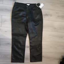Image of BNWT Warehouse Black Genuine Real Leather Straight Leg Trousers Size 16 Lined