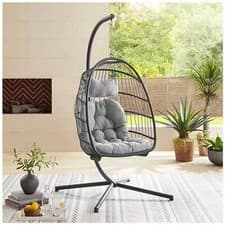 Image of Hanging Rattan Egg Chair With Stand Swing Foldable with Cushion Outdoor/ Indoor