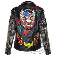 Image of Women Punk Studded Leather Jacket US Flag Eagle Gothic, Fire Flame Patch Style