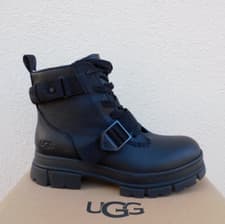 Image of UGG ASHTON LACE-UP BLACK WP LEATHER MOTO BIKER PLATFORM BOOTS, US 8.5/ 39.5 ~NIB