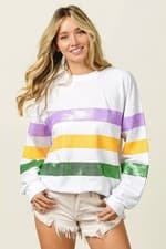 Image of BiBi Sequin Mardi Gras Striped Round Neck Sweatshirt