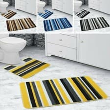 Image of Non Slip 2 Piece Bath Mat & Pedestal Mats Absorbent Bathroom Toilet Set Stripes