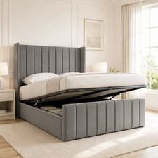 Image of New Ottoman Storage Panel Plush Velvet Upholstered Bed Frame - Winged Headboard