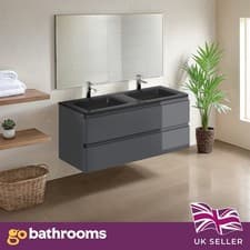 Image of 1200mm Wall Hung Bathroom Vanity Unit Dark Grey Double Grey Glass Sink