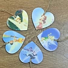 Image of 5 Disney Tinker bell And Fairy’s Wooden Hanging Hearts Decorations Gift Tags