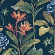 Image of Oliana Tropical Floral Wallpaper Palm Leaves Flowers Navy Blue Green Belgravia