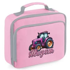 Image of Girls Personalised Tractor Lunch Bag Custom Name Farming Lunchbox for School