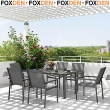 Image of 7 Piece Metal Dining Set with Grey Chairs and Glass Top Table for Patio