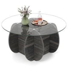 Image of 35 Round Coffee Table Solid Wood Base Tempered Glass Top Modern Accent Table