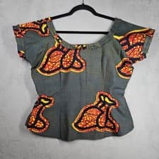 Image of Handmade Original Short Slv Wide Scoop Neck Ruffled Blouse Blue Yellow Red Sz XL