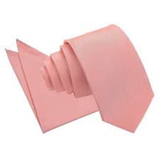 Image of Peach Pink Plain Shantung Mens Wedding Slim Tie And Pocket Square Set by DQT