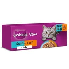 Image of 120 x 85g Whiskas 1+ Duo Surf & Turf Mixed Adult Wet Cat Food Pouches in Jelly