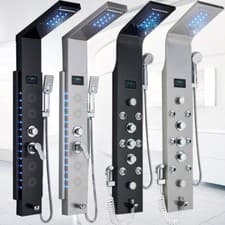 Image of LED Shower Panel Column Tower Stainless Steel Black Waterfall Body Jet Mixer Tap