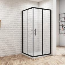 Image of Black Frame Corner Entry Sliding Shower Enclosure Glass Double Door Stone Tray