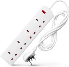 Image of White Electric Extension Lead 4 Gang, 2 Metre Cable with UK Plug & 3 Pin Socket