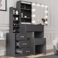 Image of Blisswood Dressing Table with Mirror and Stool Vanity Desk with 4 Drawer 3 open