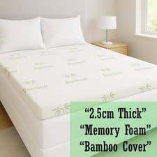 Image of Memory Foam Mattress Topper Bamboo Cover 2.5cm Thick | All Sizes | UK Stock