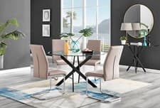 Image of NOVARA 120cm Round Glass & Black Metal Leg Table & 4 Faux Leather Lorenzo Chairs