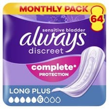 Image of Always Discreet Long Plus Incontinence Pads 64 Pack High Absorbency