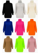 Image of Women’s Chunky Knitted Oversized Jumper Dress High Neck Polo Roll Neck Baggy Top