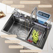 Image of LED Inset Kitchen Sink Set Stainless Steel Single Bowl with Mixer Tap Waste Kits