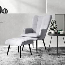Image of Armchair with Footstool, Linen Accent Chair with Steel Legs, Light Grey