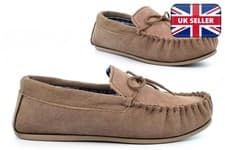 Image of Mens Suede Slippers Size 6 Boys Slippers Size 13 Moccasin Slippers Slip On Taupe